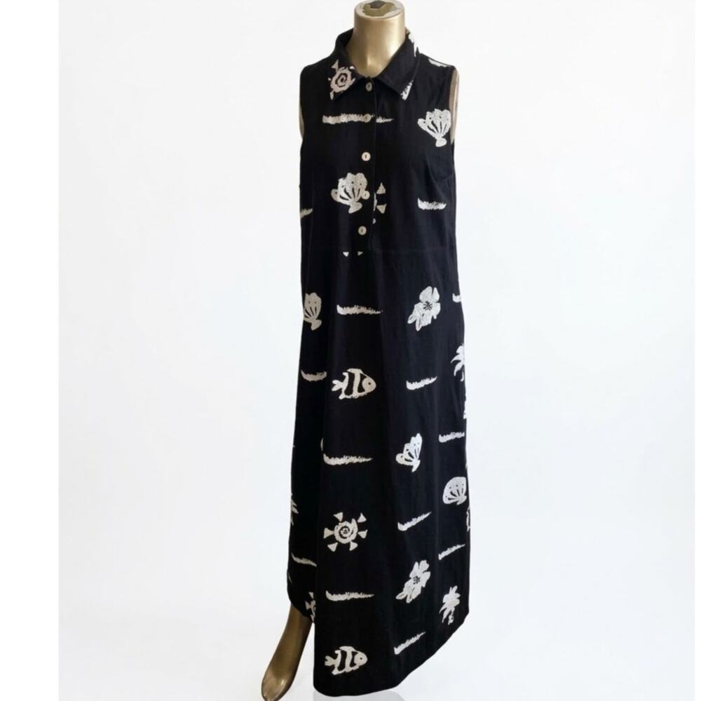Red Ginger Cotton Stuff Vintage Sleeveless Midi Dress Large Black Shell Print
